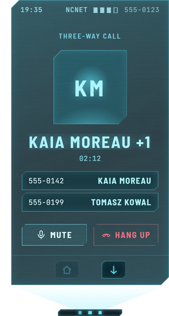 The holo phone in game on a three-way call