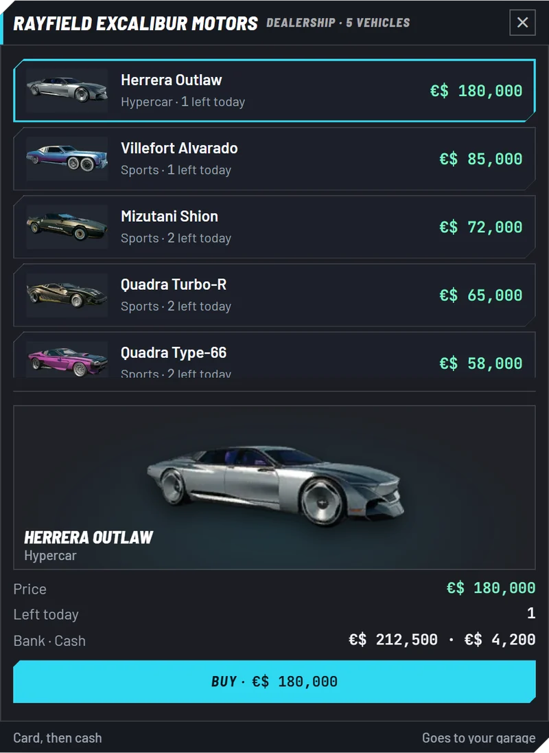 A North Oak car dealer in game: the Herrera Outlaw hypercar at 180,000 eddies, above four sports cars