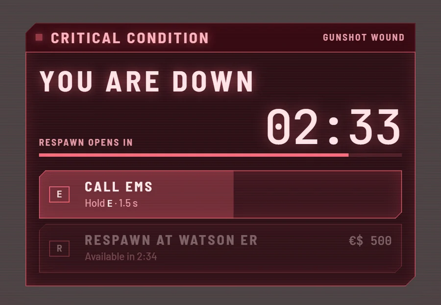 The North Oak downed screen in game: critical condition, a countdown, call EMS or respawn at Watson ER