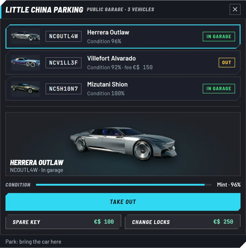 A North Oak garage in game: a Herrera Outlaw, a Villefort Alvarado and a Mizutani Shion, with a spare key option