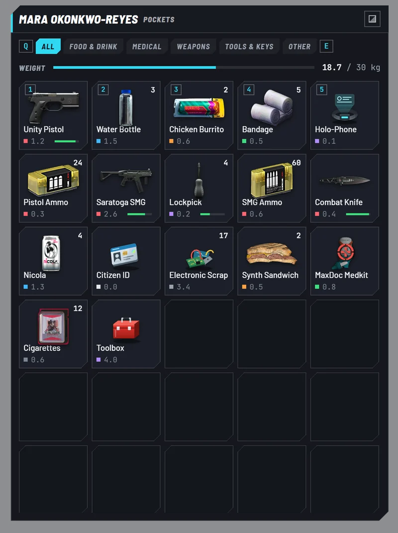 A character's pockets in game: pistol, burrito, lockpick, citizen ID
