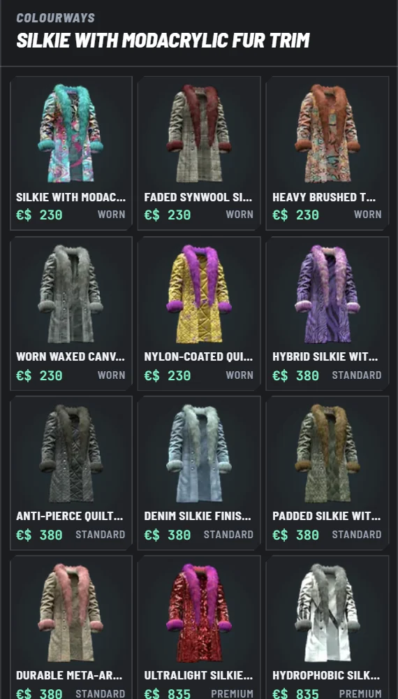 A North Oak clothing store in game: one fur-trim coat in twelve colours, each with a picture and a price