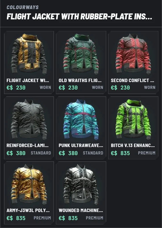 A North Oak clothing store in game: one flight jacket in eight colours, each with a price