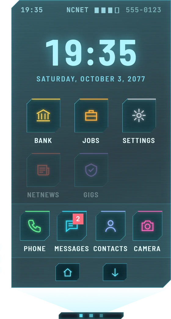 The North Oak holo phone in game: clock, bank, jobs, messages, contacts and camera