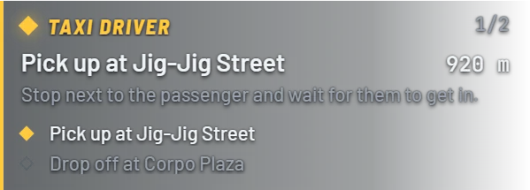 A North Oak job in game: taxi driver, pick up at Jig-Jig Street, 920 metres away